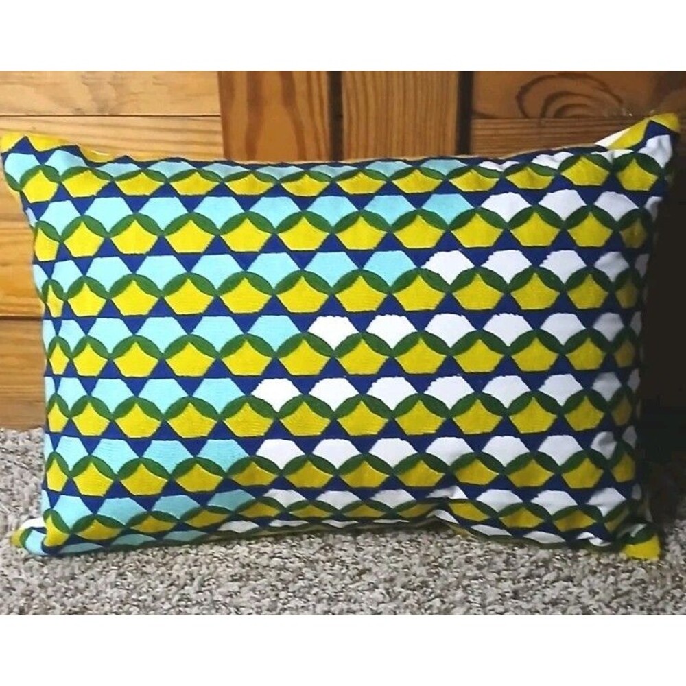Bloomingville Coulx Geometric Cotton Embroidered Throw Pillow Blue Green Yellow